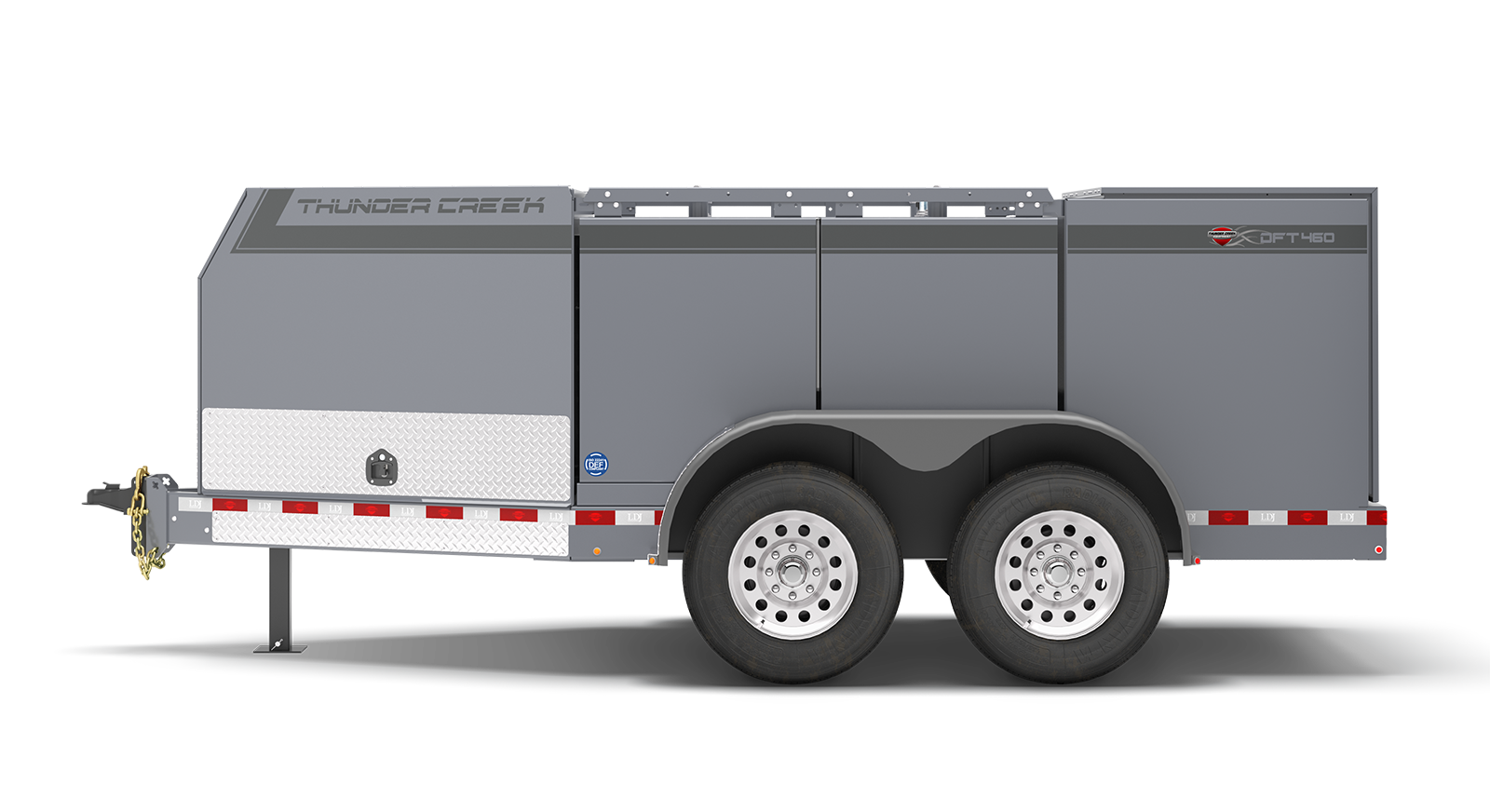 Dual fluids trailer fits 460 gallons of fuel or oil, parked in a side view